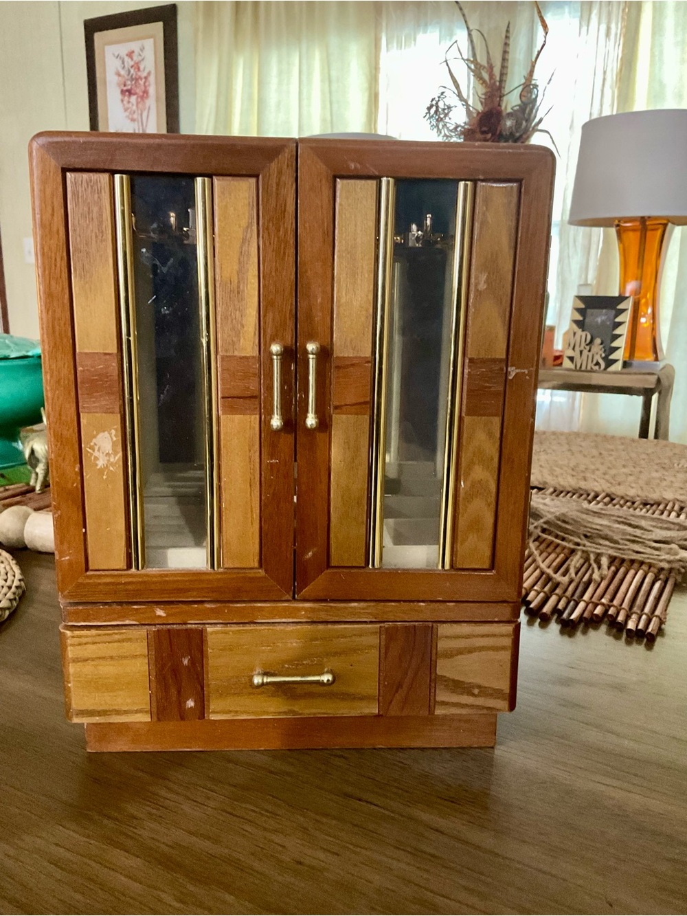 Vintage Wooden Music Jewelry Armoire with Glass Panels and Brass Accents
